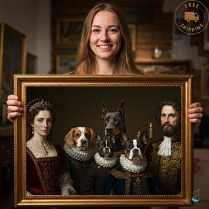 May include: A framed painting of four dogs dressed in royal attire. The dogs are a Doberman Pinscher, a French Bulldog, a Springer Spaniel, and a Labrador Retriever. The painting is set against a dark background and features a gold frame.