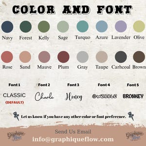 May include: A color and font guide featuring a variety of color swatches and font styles. Colors include navy, forest green, and rose. Font styles include Classic, Charle, and Honey. The text "COLOR AND FONT" is at the top.
