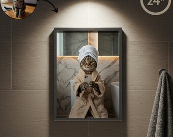 Hund eller katt i badrock, badrum, hund eller katt i handduk, badkar eller badrock, rolig badrumsväggkonst, personligt spa-dags husdjursporträtt, digitalt