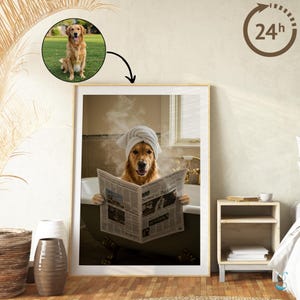 Custom Funny Bathroom Pet Portrait, Personalized Spa Dog or Cat in Bathrobe with Coffee or Wine, Chic Pet Bathroom Decor, Special Pet Gifts