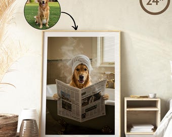 Custom Funny Bathroom Pet Portrait, Personalized Spa Dog or Cat in Bathrobe with Coffee or Wine, Chic Pet Bathroom Decor, Special Pet Gifts