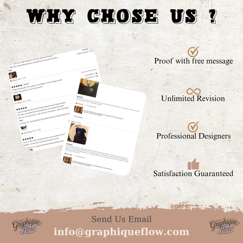 May include: An image with the text "WHY CHOSE US?" and customer reviews. The image also includes icons for "Proof with free message", "Unlimited Revision", "Professional Designers", and "Satisfaction Guaranteed". The email address info@graphiqueflow.com is also displayed.