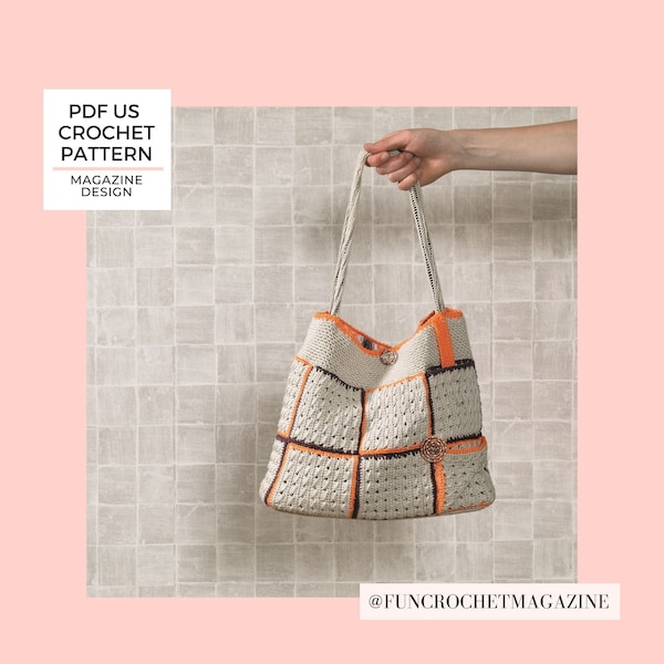 crochet pattern beige shoulder bag with bag handle, orange accents - tested digital US English & Dutch pattern designed by professionals