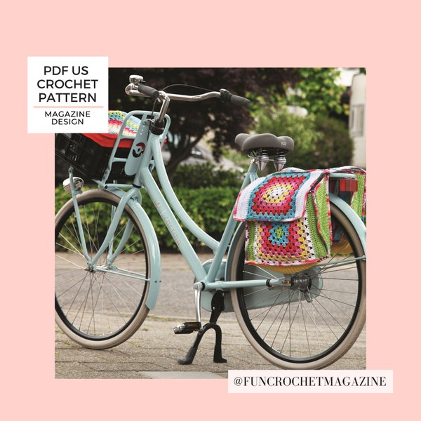 Crochet pattern 3 in one bike set: granny square bike bag, saddle and cargo crate cover - tested US English & Dutch pdf, magazine design