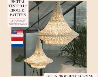 Rustieke kroonluchter lamp met natuurlijke uitstraling,  gehaakte lamp, haakpatroon moderne lamp - getest haakpatroon, ontwerp uit magazine