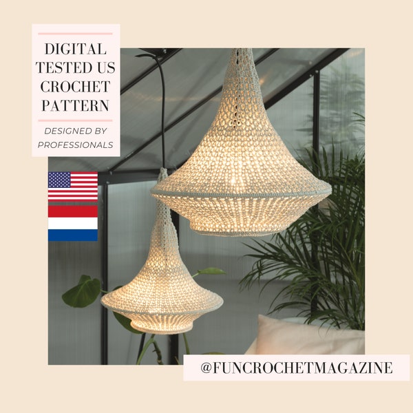 crochet pattern for stunning rustic chandelier lamp, lampshade, lantern, tested English and Dutch crochet pattern, designed by professionals