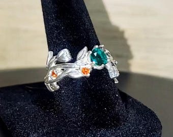 Tulip Ring with Emerald and 4 Garnets Sterling Silver