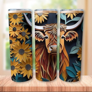 3D Papercut Style Highland Cow and Sunflowers Seamless 20oz Skinny Tumbler Wrap, 300 DPI PNG, Sublimation Tumbler Designs, 3D Cow PNG