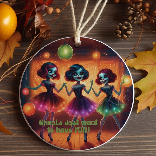 Ghouls Just Want To Have Fun Halloween Ornament Sublimation PNG, Halloween Round Retro PNG, Vintage Ornament png, Dancing Ghouls, Circle png