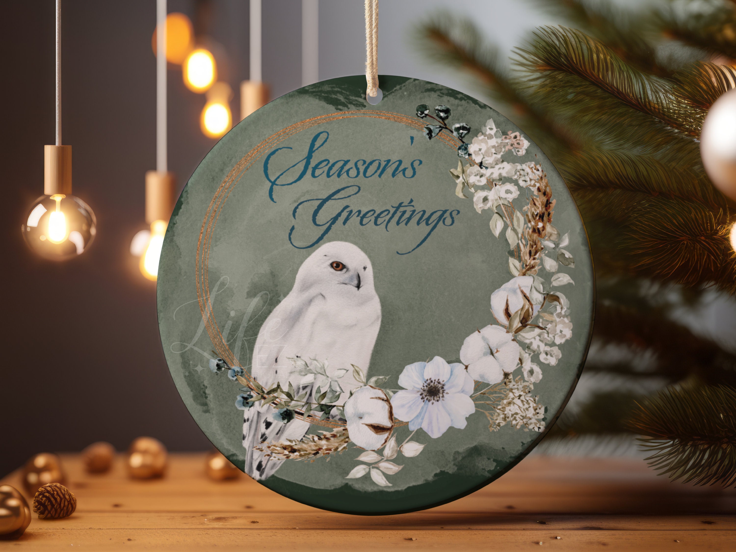 Christmas Owl Wreath Ornament Sublimation, Bird Christmas Decor, Christmas Round Ornament PNG, Chris