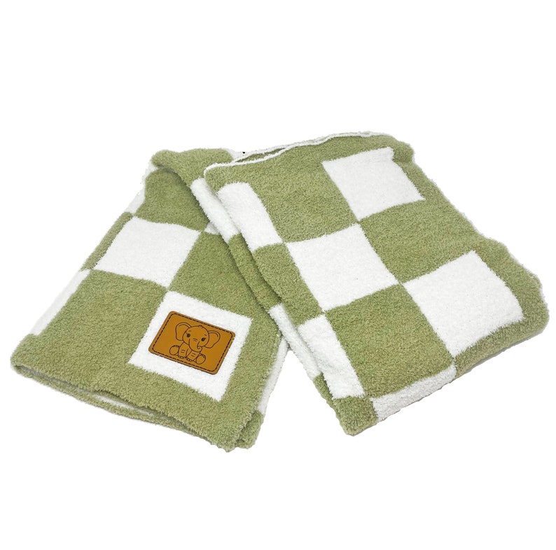 Checkered Baby Blanket Super Soft Knitted Throw 28x40 With Leather Patch Receiving Blanket
