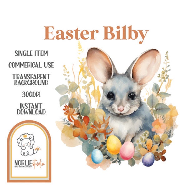 Adorable Watercolor Bilby Australian Illustration, Transparent Background, Floral Easter, Commercial use, Bilby Art Easter Watercolour