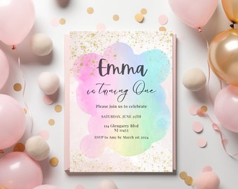 Rainbow Birthday Invitation Colorful Watercolor Gold Glitter Sprinkles Ombre Pastel Invitation 1st 2nd 3rd Printable Editable Invite