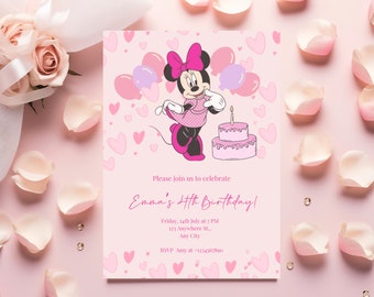 Bearbeitbare rosa Minnie-Maus-Geburtstagseinladung, Aquarell-Mädchen-Geburtstagseinladung, druckbare Einladung, rosa Minnie-Einladung, schwarzer Polka Dot
