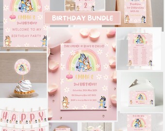 Paquete de cumpleaños de niña azulada, kit de cumpleaños de niña azulada imprimible, decoraciones de fiesta azuladas editables, conjunto de cumpleaños de niña azulada, paquete de fiesta BE1