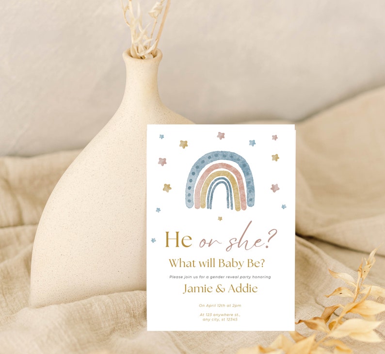 Boho Rainbow Gender Reveal Invitation Stars Gender Neutral Etsy