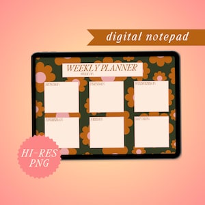 May include: A digital weekly planner with a green background and a pattern of orange and pink flowers. The planner is divided into seven sections for each day of the week, with the days labeled at the top of each section. The text "WEEKLY PLANNER" and "WEEK OF" is at the top of the planner.