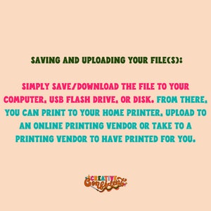 May include: Text on a peach background explaining how to save and upload files. The text says "Saving and uploading your file(s): Simply save/download the file to your computer, USB flash drive, or disk. From there, you can print to your home printer, upload to an online printing vendor or take to a printing vendor to have printed for you."
