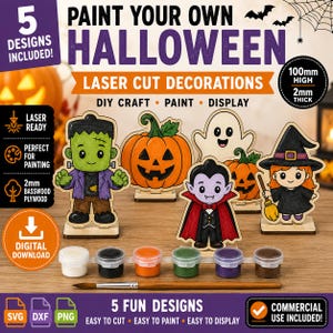 Op de afbeelding: Een doe-het-zelf Halloween knutselset met vijf lasergesneden houten figuren, waaronder Frankenstein, een pompoen, een spook, een vampier en een heks. De set bevat zes verfpotjes en een penseel. De tekst luidt Paint Your Own Halloween.