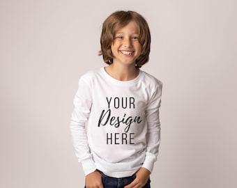 REAL KID MOCKUP: White 3501Y Kids Mockup, Long Sleeve Kid Mockup, Bella Canvas Black 3501Y Mockup, Child Mockup, Youth Kid Mockup Shirt