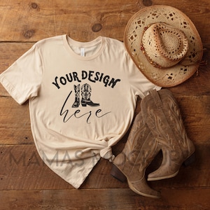 Bella and Canvas 3001 Mockup Soft Cream Natural Western Cowboy Flat Lay, Women's 3001 Mockup, Boho Shirt Flay Lay, Country 3001 Shirt Mockup