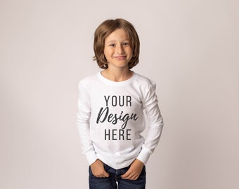 REAL KID MOCKUP: White 3501Y Kids Mockup, Long Sleeve Kid Mockup, Bella Canvas Black 3501Y Mockup, Child Mockup, Youth Kid Mockup Shirt