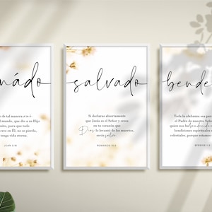 Spanische Bibelverse Amado, Salvado, Bendecido Decoración Cristiana Poster 3er Set Digitaldruck in Latino Art