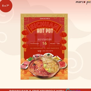 Könnte beinhalten: Eine rote und goldene Einladung zu einem Sichuan Hot Pot Event am Donnerstag, den 16. November ab 19:00 Uhr. Die Einladung enthält die Adresse 123 Peppercorn St, San Francisco und die RSVP-Nummer 805-234-5678. Die Einladung zeigt ein rotes und goldenes chinesisches Design mit einem Bild eines Hot Pots.