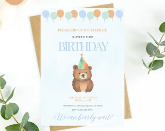 Plantilla de invitación de cumpleaños de oso de peluche, tarjeta de invitación de cumpleaños de oso, invitación de fiesta de cumpleaños de oso de peluche