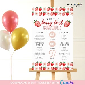 Modello poster per pietra miliare del compleanno di fragole, tabellone per pietra miliare del primo compleanno di bacche, cartello per pietra miliare della festa di compleanno di fragole