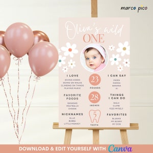 Plantilla de póster de hito de un cumpleaños salvaje, tablero de hitos de primer cumpleaños de bebé de flores silvestres, signo de hito de cumpleaños de colores neutros para niña