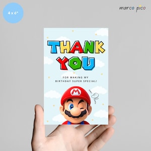 Plantilla de tarjeta de agradecimiento con temática de Mario, tarjeta de agradecimiento de cumpleaños de Super Mario editable, tarjeta de agradecimiento de fiesta de cumpleaños de Super Mario