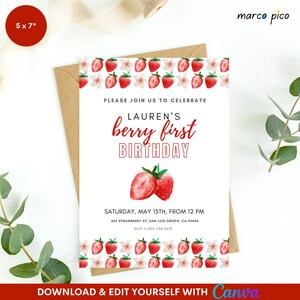 Modèle d'Invitation d'anniversaire aux fraises, carte d'Invitation baie premier anniversaire, Faire-part de fête d'anniversaire aux fraises