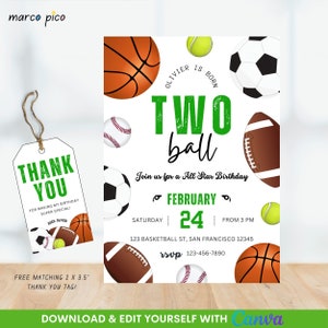 Plantilla de invitación de cumpleaños con temática de Born Two Ball, tarjeta de invitación de cumpleaños deportiva editable para niño, invitación a fiesta de cumpleaños All Star