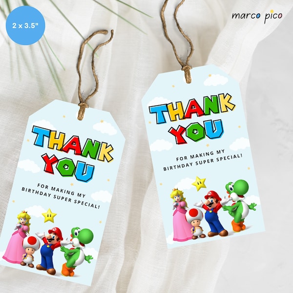Party Favors Tags, Mario Birthday Thank You Label, Birthday Party Gift Thank You Tag