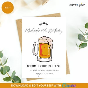 Modèle d'invitation d'anniversaire sur le thème de la bière, carte d'invitation d'anniversaire modifiable sur le thème de la bière, invitation de fête d'anniversaire de bière