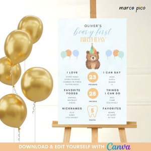 Teddy Bear Birthday Milestone Poster Template, Bear Birthday Milestone Board, Teddy Bear Birthday Party Milestone Sign