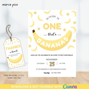 Let's Go bananes anniversaire Invitation modèle, carte d'invitation premier anniversaire de bébé, faire-part de fête d'anniversaire banane