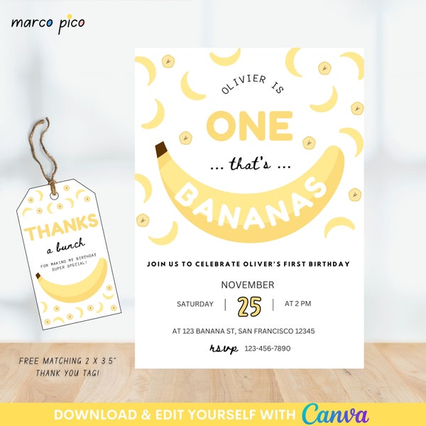 Let's Go Bananas Birthday Invitation Template, Baby First Birthday Invitation Card, Banana Birthday Party Invitation