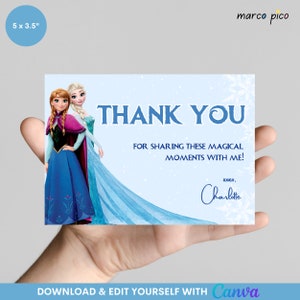 Plantilla de tarjeta de agradecimiento con temática de princesa, tarjeta de agradecimiento de cumpleaños de princesa editable, tarjeta de agradecimiento de fiesta de cumpleaños de princesa