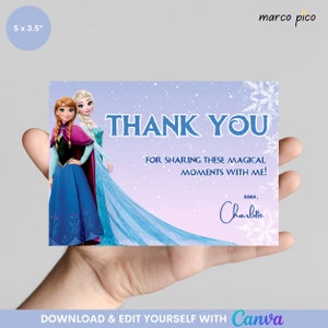 Modelo de cartão de agradecimento com tema Frozen, cartão de agradecimento editável de aniversário de princesas congeladas, cartão de agradecimento de festa de aniversário Frozen