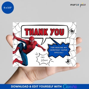 Plantilla de tarjeta de agradecimiento con temática de Spider Comics, tarjeta de agradecimiento de cumpleaños de Spider editable, tarjeta de agradecimiento de fiesta de cumpleaños de Spider