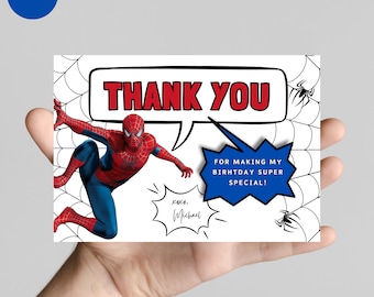 Szablon karty z podziękowaniami w stylu komiksów Spider, edytowalna karta z podziękowaniami urodzinowymi Spider, karta z podziękowaniami na przyjęcie urodzinowe Spider