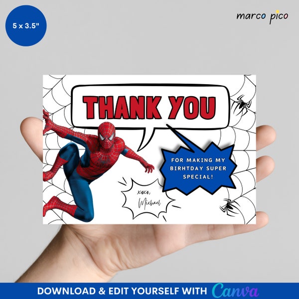 Spider Comics themed Thank You Card Template, Editable Spider Birthday Thank You Card, Spider Birthday Party Thank You Card