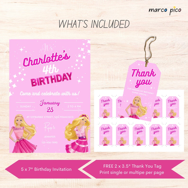 Pink Doll Themed Birthday Invitation Template, Pink Girl Birthday
