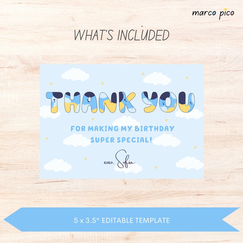 Blue Dog Inspired Birthday Thank You Card Template, Editable Birthday ...