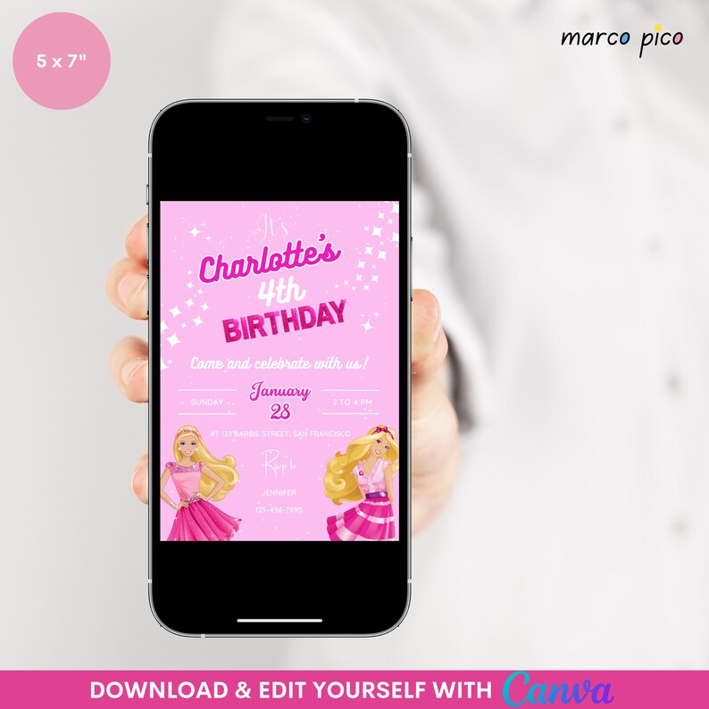 Pink Doll Themed Birthday Invitation Template, Pink Girl Birthday