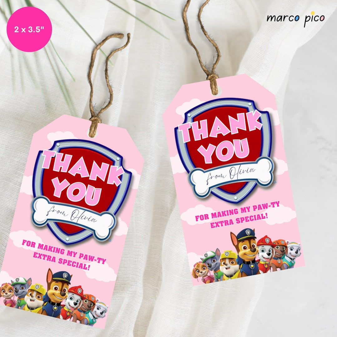 Pink Paw Patrol Crew Themed Party Favors Tags, Girly Paw Patrol Birthday Thank You Label, Paw ...