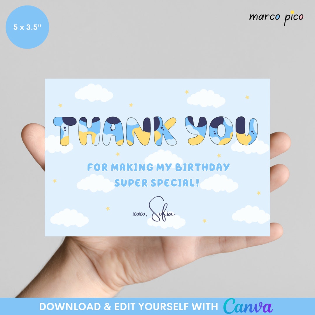 Blue Dog Inspired Birthday Thank You Card Template, Editable Birthday ...
