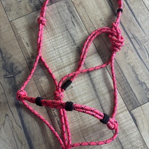 Horse halter-pink standard rope halter with  knotted noseband.